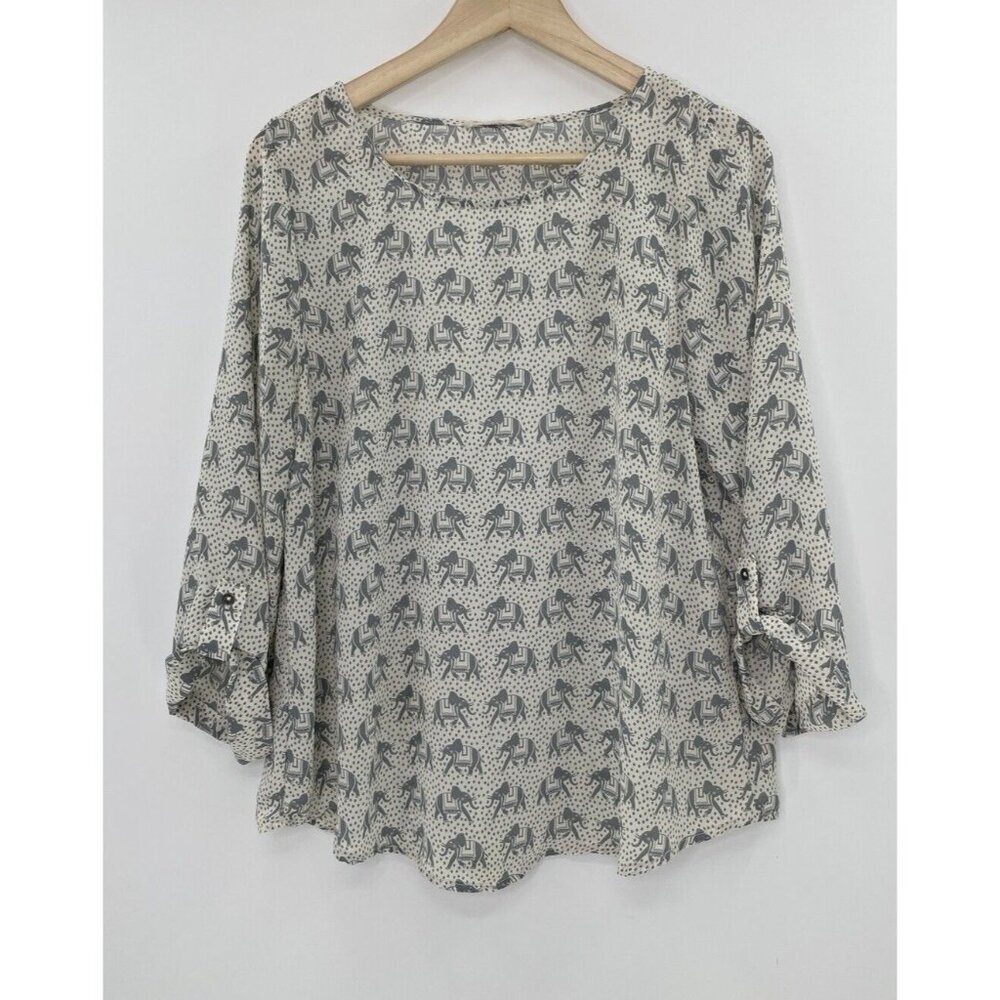 41 Hawthorne Women’s Ivory Roll‎ Tab Sleeve Blouse Top Medium Grey Elephants